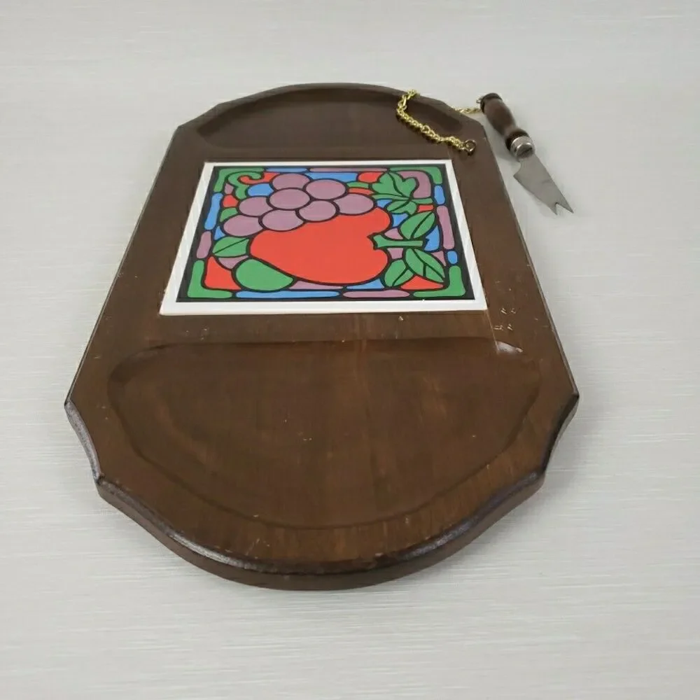 Vintage Charcuterie Board w/ Knife Cheese Platter Oval Wood Tray MCM